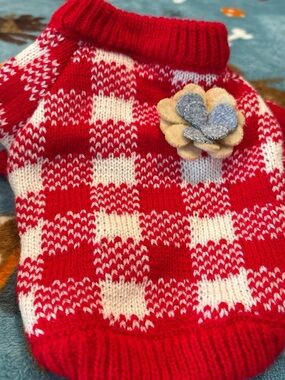 Red and White Plaid Pet Sweater with Decorative Flower small